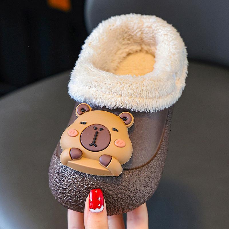 Winter Cotton Slippers with Heel for Babies, Boys' Cotton Slippers, Thickened and Fleece-lined, Detachable, Waterproof, Children's Furry Slippers