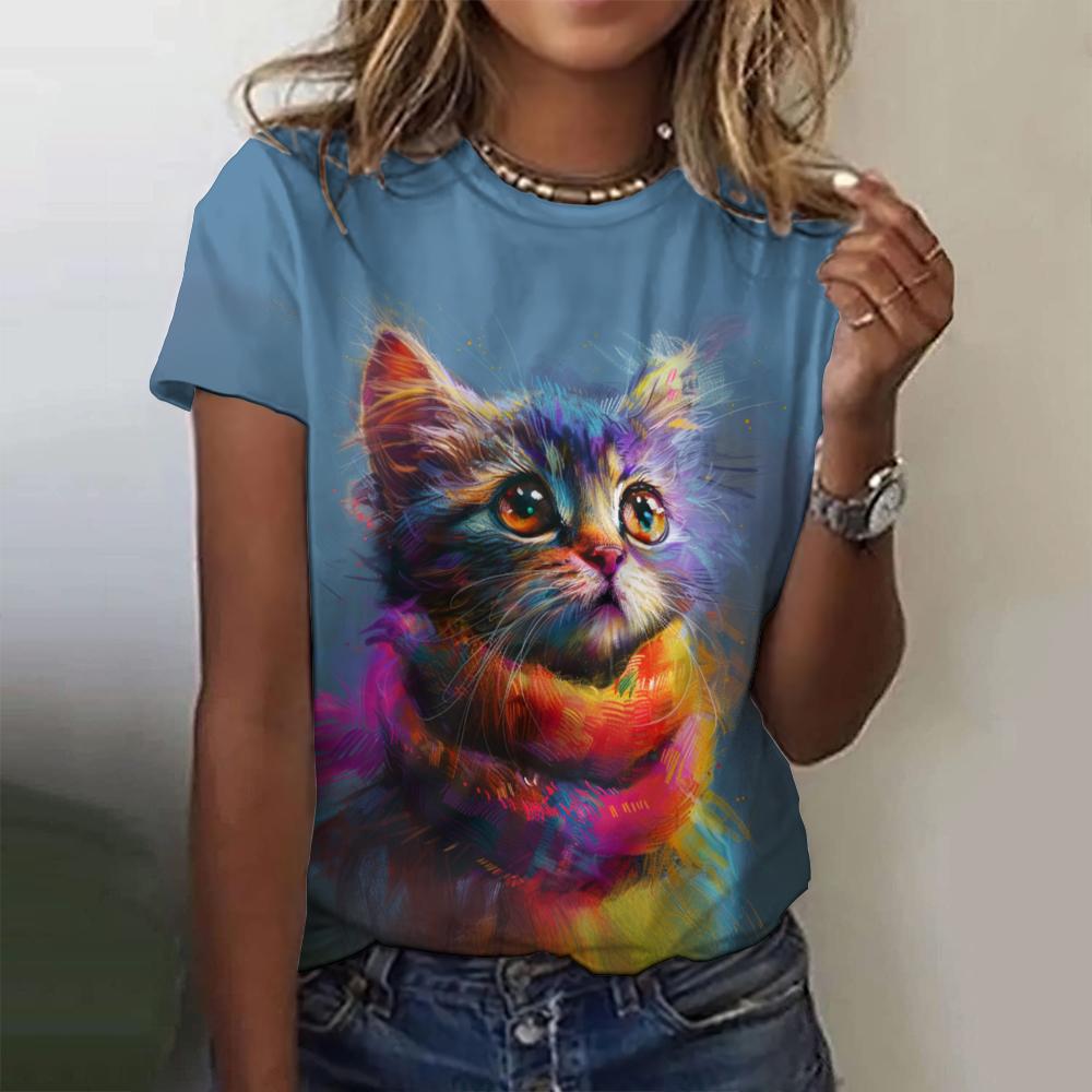 Street Pattern Girl Summer Casual Short Sleeve 3D Printed Women's Fashion Cat Women's T-shirt