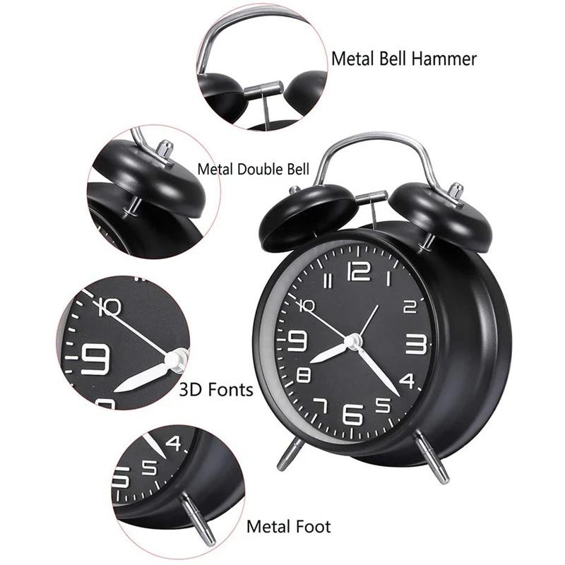 Metal Frame Twin Bell Alarm Clock - 4 Inch 3D Dial with Backlight Loud Battery-Powered Desk Clock for Home & Office Use