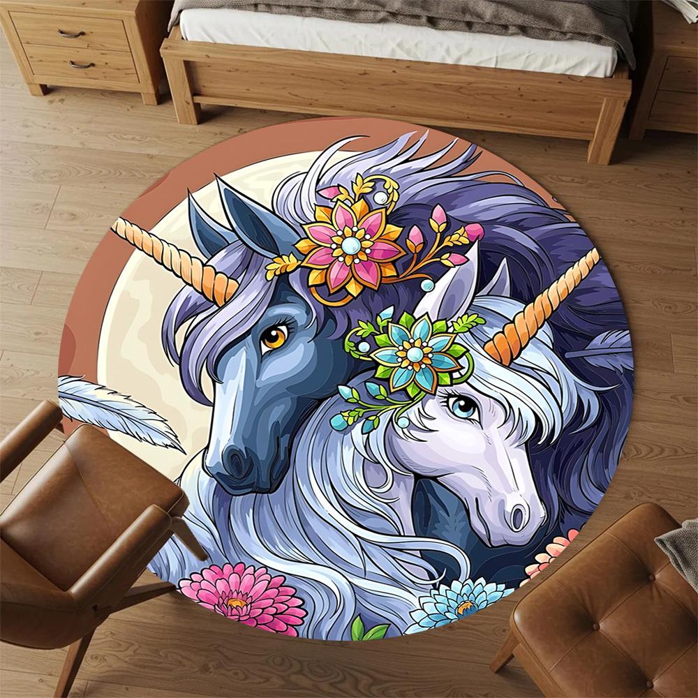 1pc Unicorn Flowers Round Chair mat Area Rug - Non-Slip, Floor Mat for Office, Bedroom, and Indoor Decor c1125419