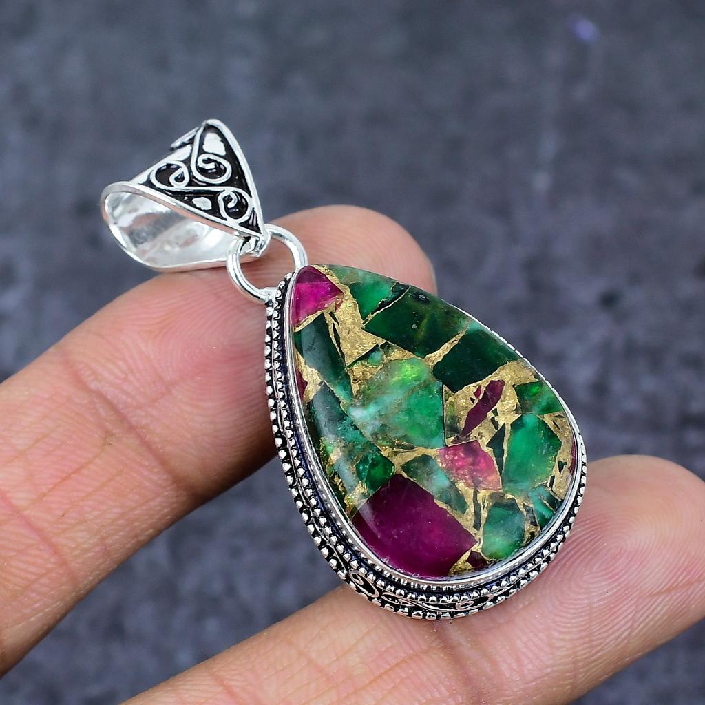 Natural Copper Ruby Zosite 925 Sterling Silver Jewelry Pendant 1.97" ET-4789