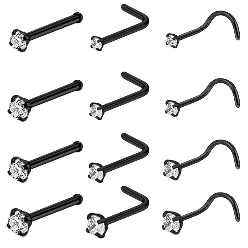 4/12PCS Stainless Steel Zircon Nose Piercing Stud Set L Shape Nose Ring Lot Twist Nose Ring Stud Bulk Body Piercing Nariz Pack