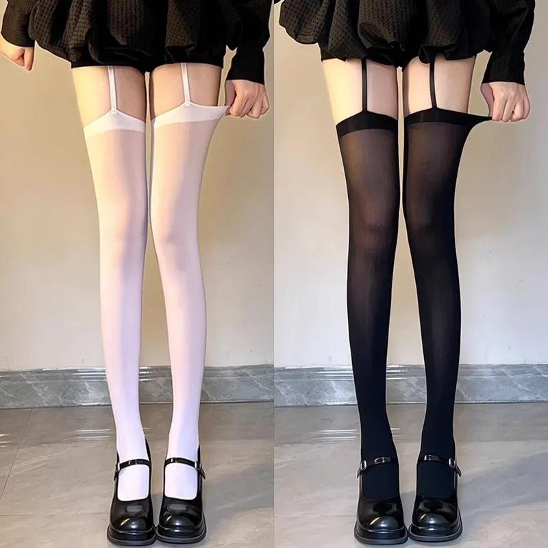 Y2K Lolita Jk Black White Women Pantyhose Sexy Thigh High Nylon Stockings Breathable Punk Gothic Cross Suspender Over Knee Socks