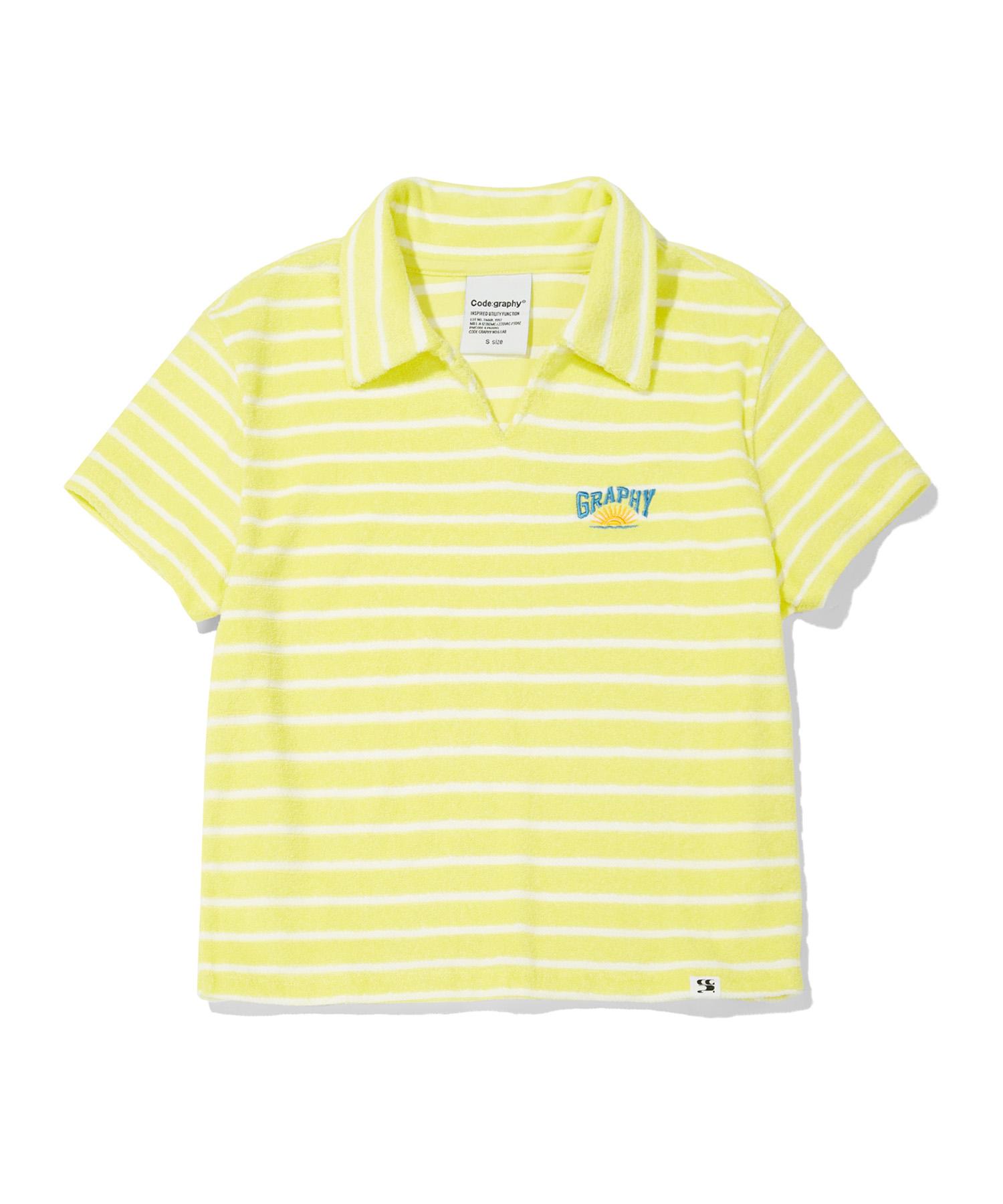 (Women S) Striped Terry Collar Short Sleeve T-Shirt_Yellow S/Free