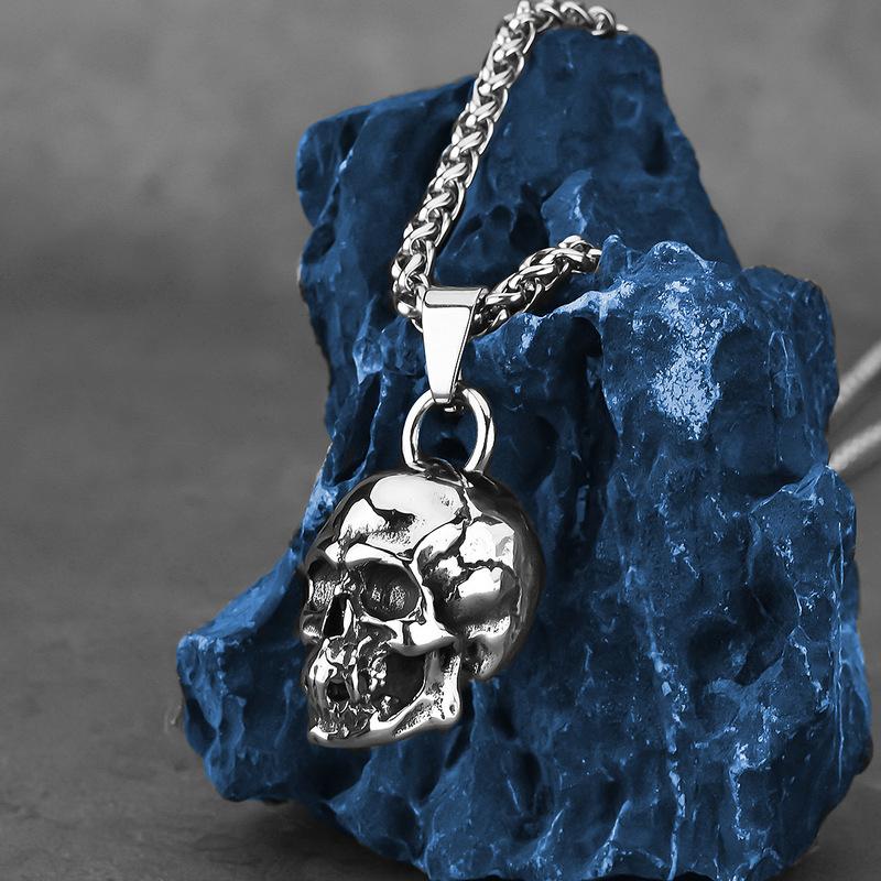 HNSP 316L Stainless Steel Solid Skull Head Pendant Chain Necklace For Men Punk Gothic Motorcycle Style Skeleton Jewelry Gift