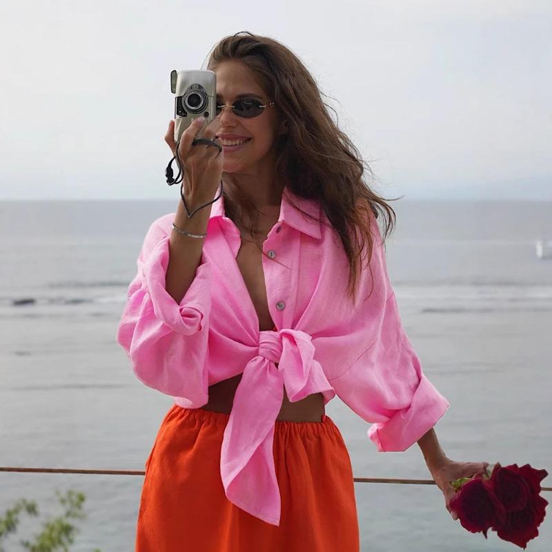 Autumn thin fashion all-match ladies casual button-down shirt, lazy fashion casual solid color simple loose shirt