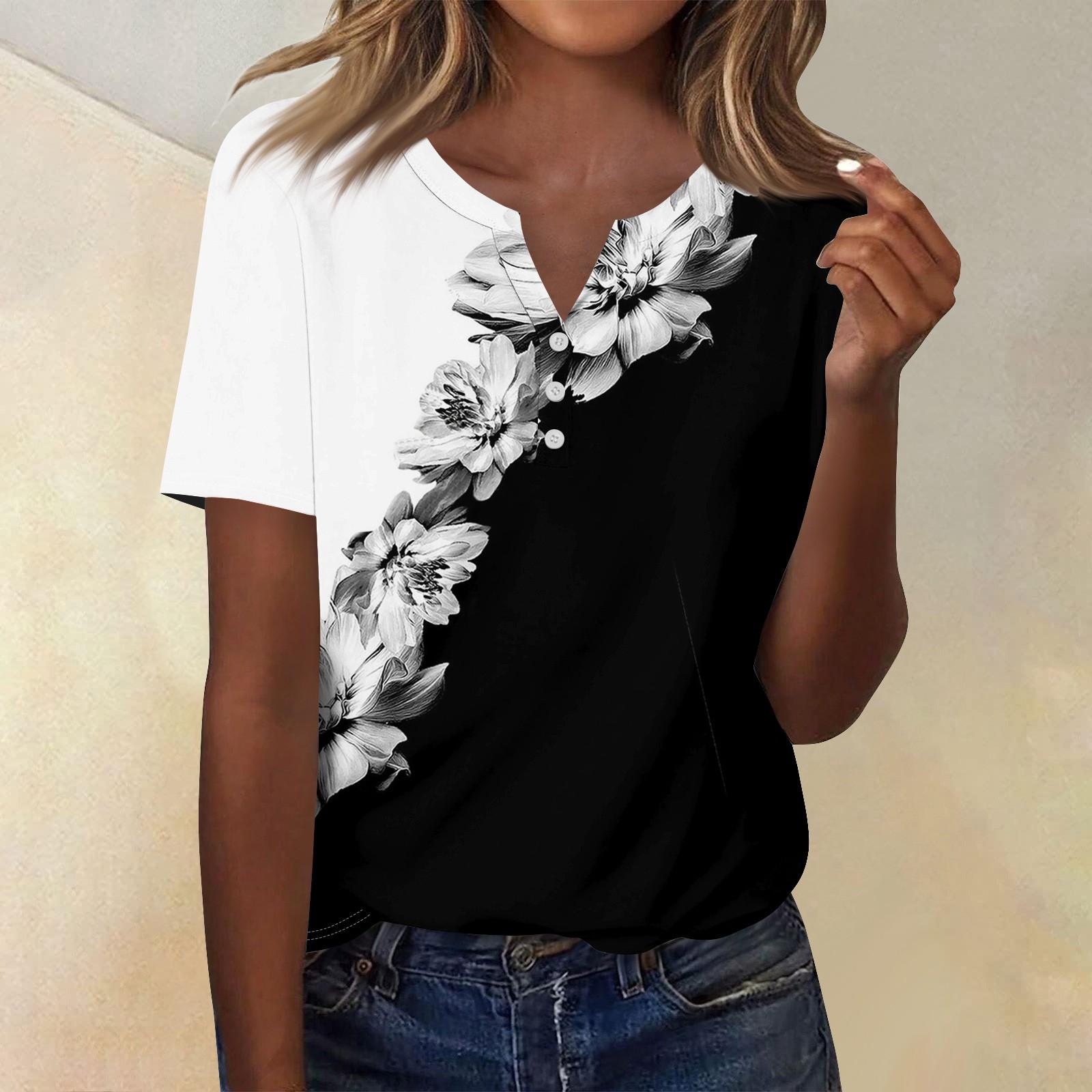 

Женская мода повседневный топ с коротким рукавом и цветочным принтом L чёрный