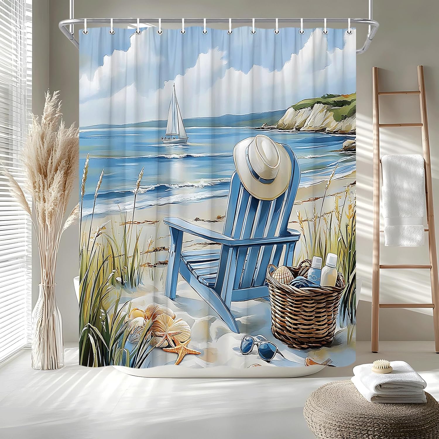 Annier Blue Summer Beach Coastal Shower Curtain Sea Ocean Landscape Beachy Recliner Chair Hat Starfish Hawaii Scenery Waves Seaside