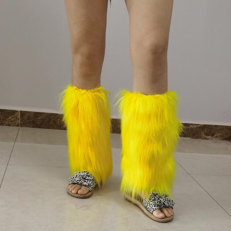 Fuzzy Boot Cuffs Leg Warmer for Women Girl Aesthetic Vintage Solid Color Bright Yellow Plush Leg Cover Knee Length Socks