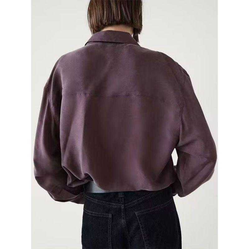 MD Women's French Style Young Commute Style Fancy Purple Silk Satin Texture Long Sleeves Shirt 05196670611