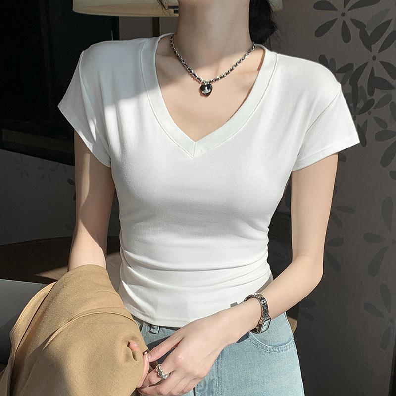Women's Slim-fit V-Neck Short Sleeve T-shirt - Summer Style Waist-Cinching, High-End Niche Fashion