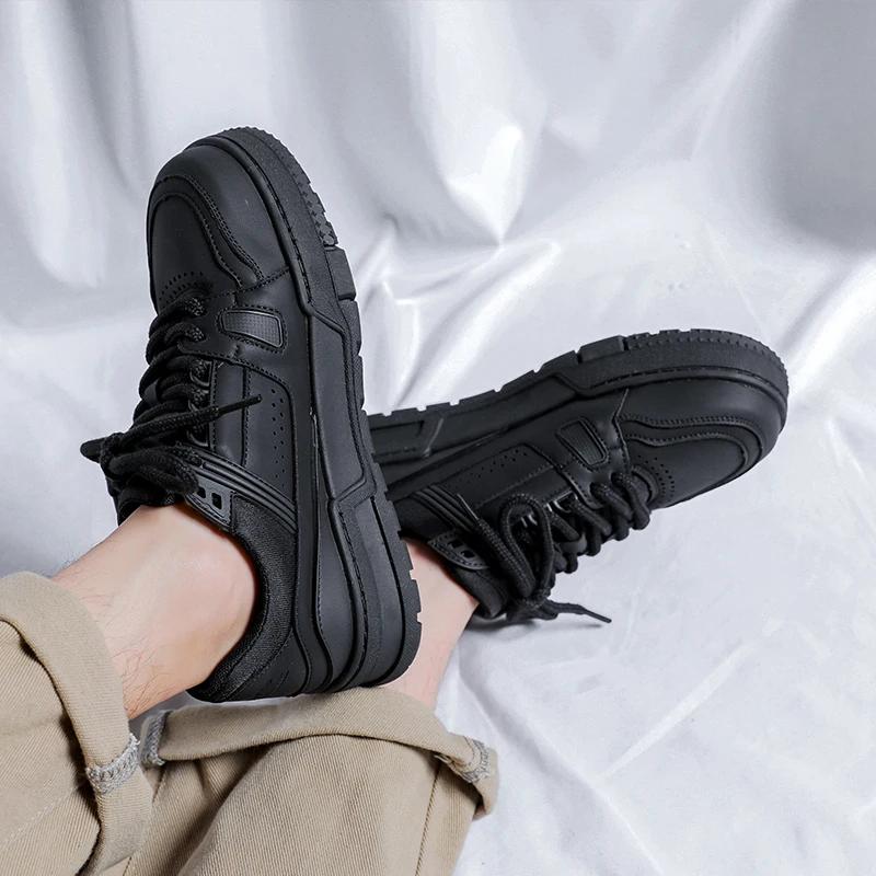 FashionMen's Sneakers outdoor flats Casual Sports Shoes for Men Leather Breathable Shoes lace up fashion Flat black Shoes men