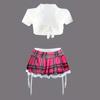 Naughty Collegiate Cosplay Costume with Solid Tie Front Short Sleeve Lapel Top Plaid Printed Lace Trimmed Mini Skirt Women's Sexy Lingerie and Panties