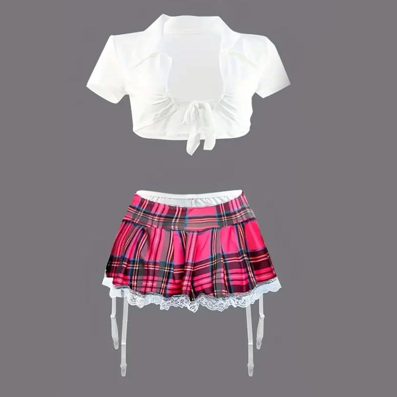 Naughty Collegiate Cosplay Costume with Solid Tie Front Short Sleeve Lapel Top Plaid Printed Lace Trimmed Mini Skirt Women's Sexy Lingerie and Panties
