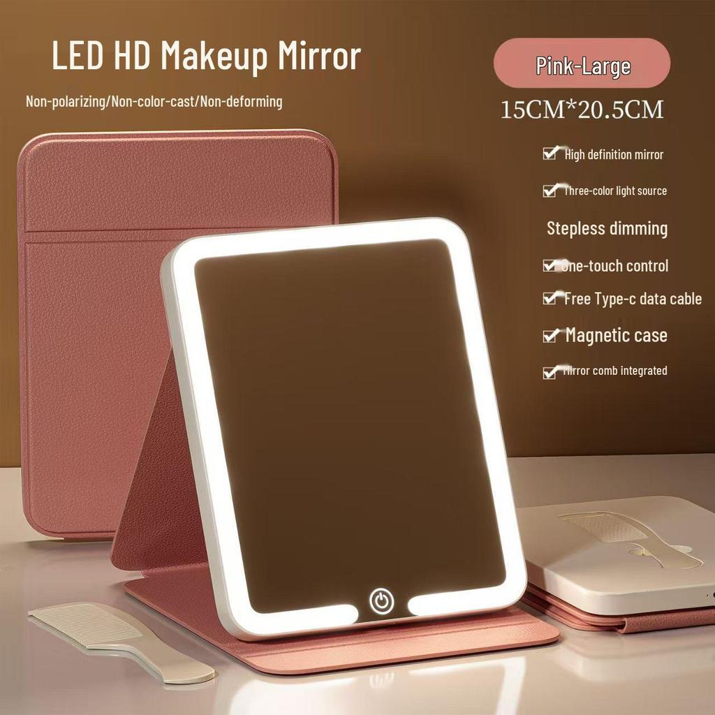 LED Folding Makeup Mirror with Comb – Compact, Lighted, and Convenient for Desktop Use