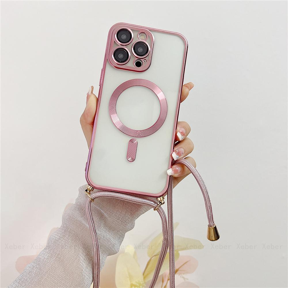 Crossbody Necklace Lanyard Magnet For Magsafe Wireless Charging Case For iPhone 17 16 15 13 12 11 14 Pro Max Plating Clear Cover