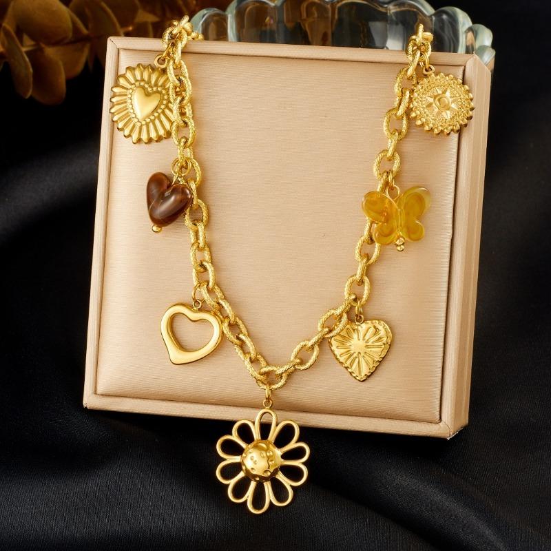 Gold Multi Charm Necklace For Women Stainless Steel Heart Flower Butterfly Pendant Fashion Jewelry