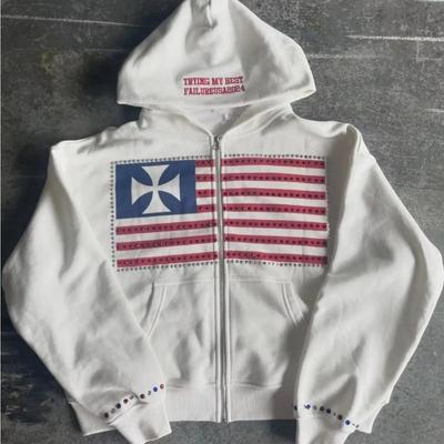 GLYDE Amerikansk Mode Streetwear Gotisk Flagga Strassbroderad Dragkedja Huvtröja Y2k Sömmad Överdimensionerad Lös Bomullssweatshirt
