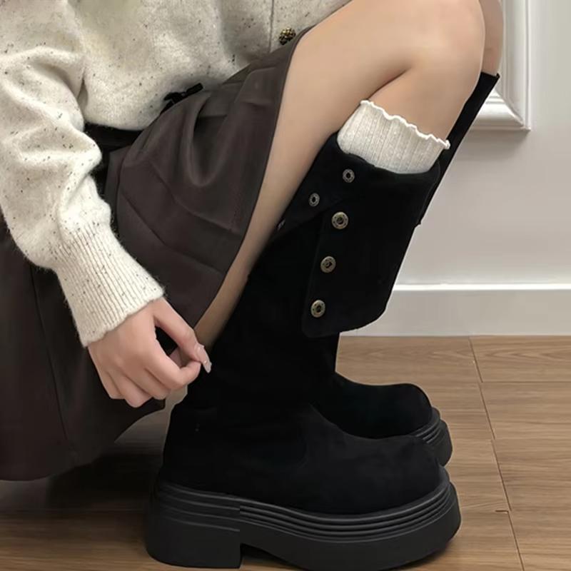 Winter Plateau Damen Oberschenkelhohe Stiefel Mode Slipper Lange Stiefeletten Vintage Prägnante Dicke Absatzschuhe