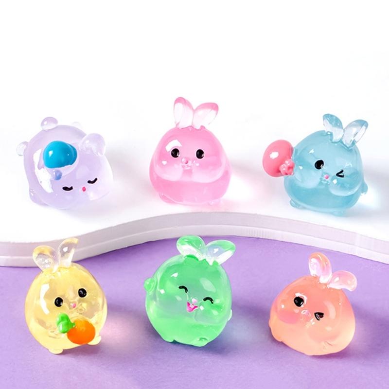 6 Piece Resin Rabbit Figurine Set with Glow Feature Miniatures Rabbit Ornament for Bedroom, Living Room, Study