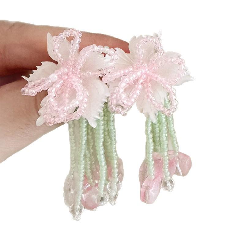 Small Fresh Sweet Pink Beaded Flower Tassel Earrings Mori Ins Style Super Fairy Atmospheric Smart Women Pierced Jewelry