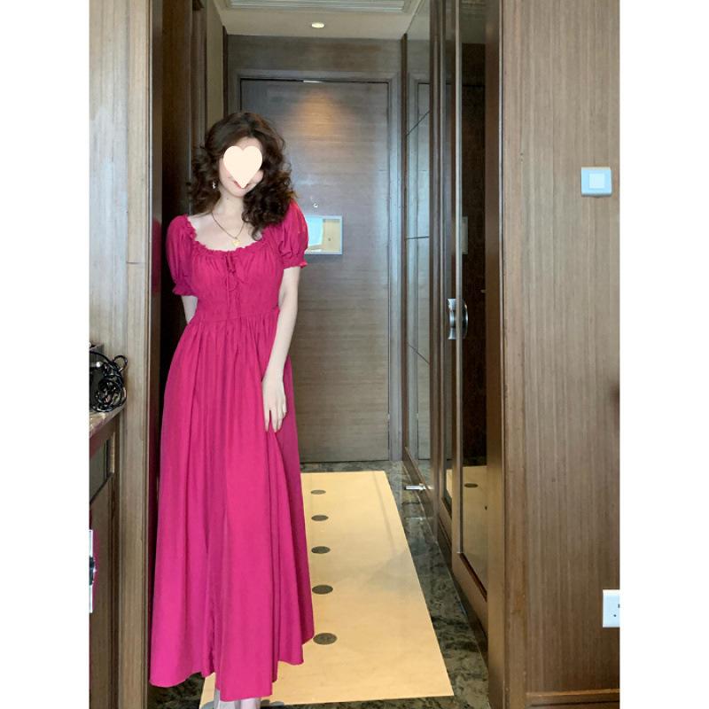 Summer New Retro Rose Red U-neck Suspender Sleeveless Long Skirt Waist Thin Big Swing Dress