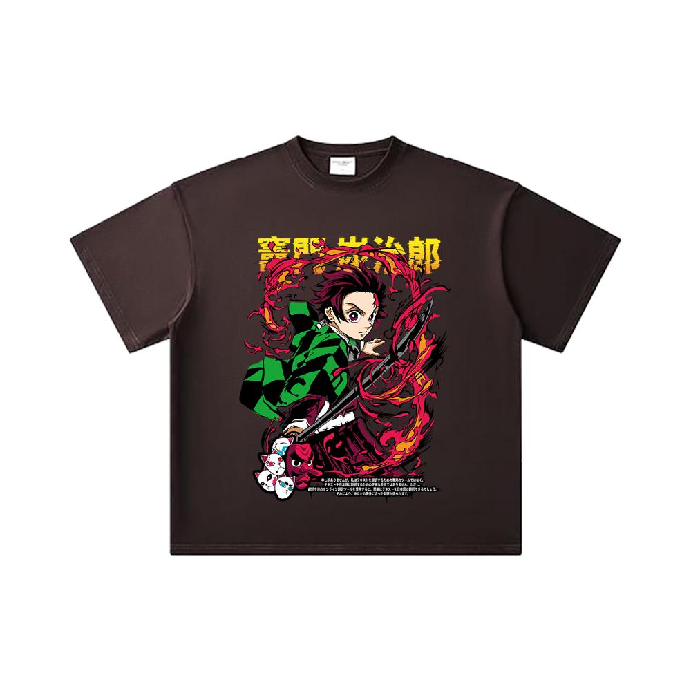 260 GSM Double Yarn 32 Count 100% Cotton Demon Slayer V19 Tanjiro Print Unisex Heavy Cotton T Shirt