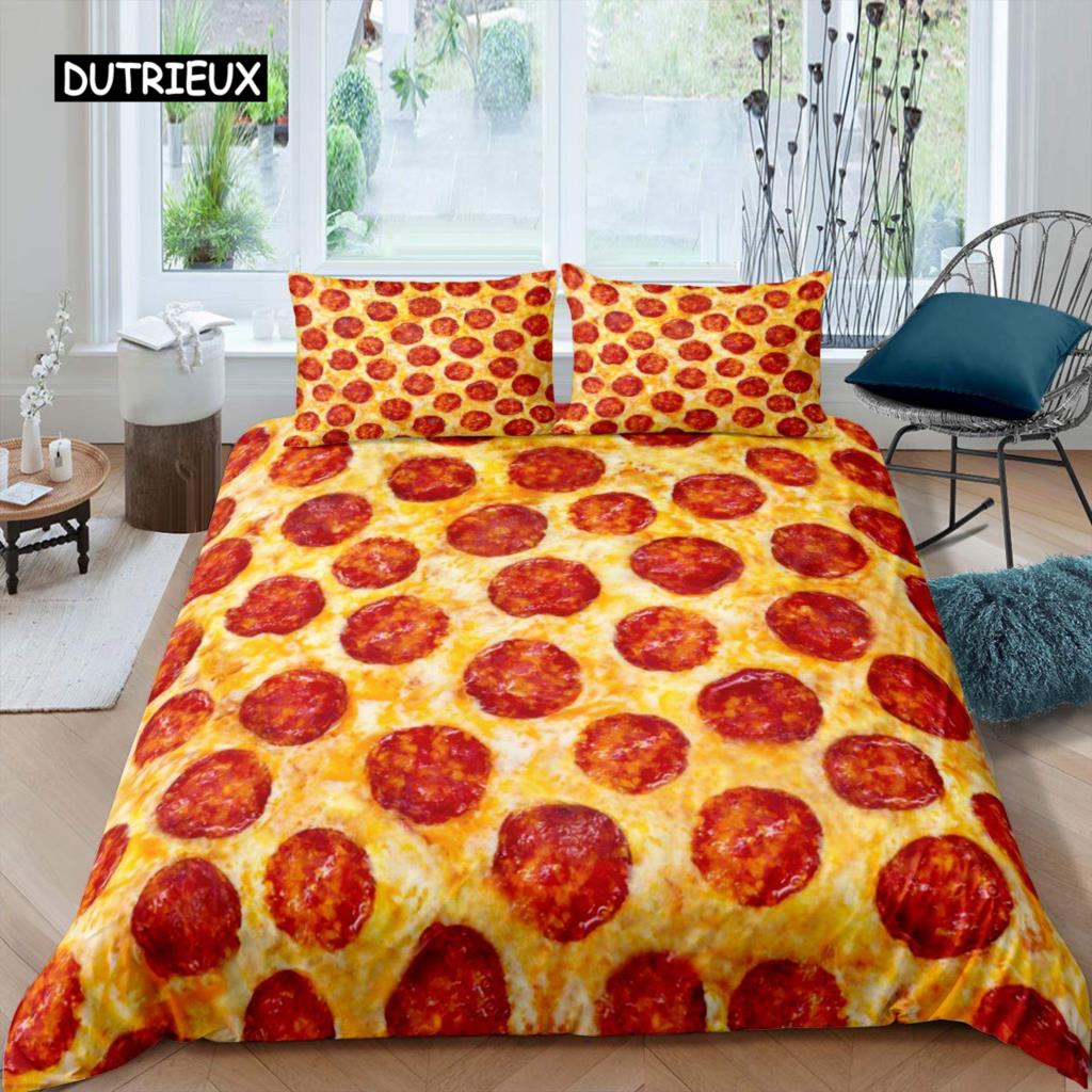American Fast Food Duvet Cover Set Full Size Polyester Pizza Hotdog Hamburger Print Bedding Set French Fries Cartoon Quilt Cover