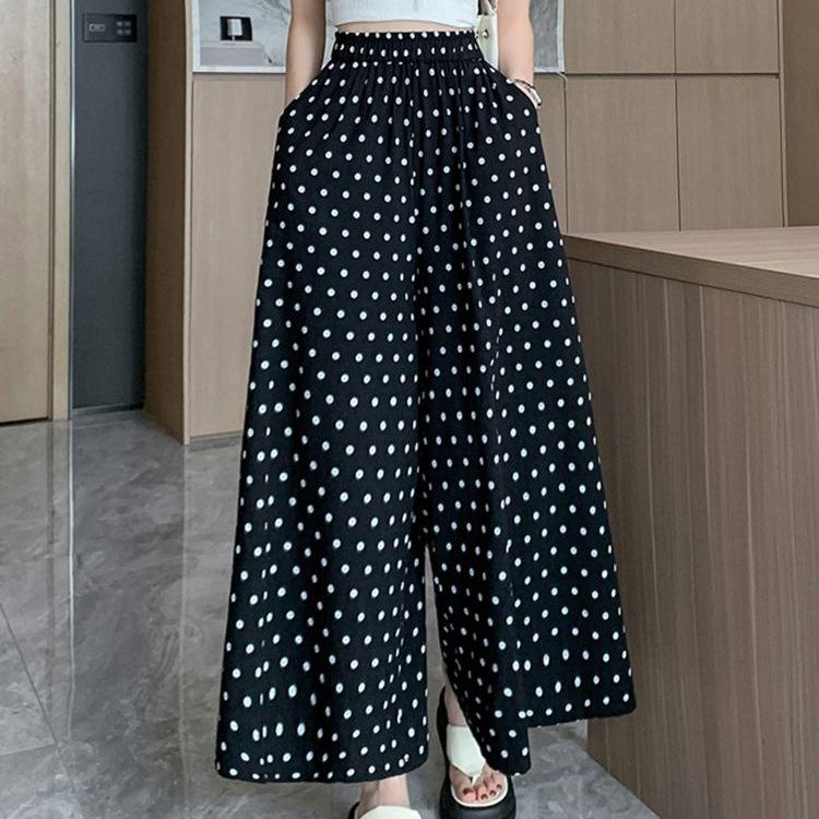 Gepunktete Eis-Seiden-Hosen mit weitem Bein – Sommerlich dünn, locker, formend, A-Linie, Übergröße, Fee-Stil für Damen.