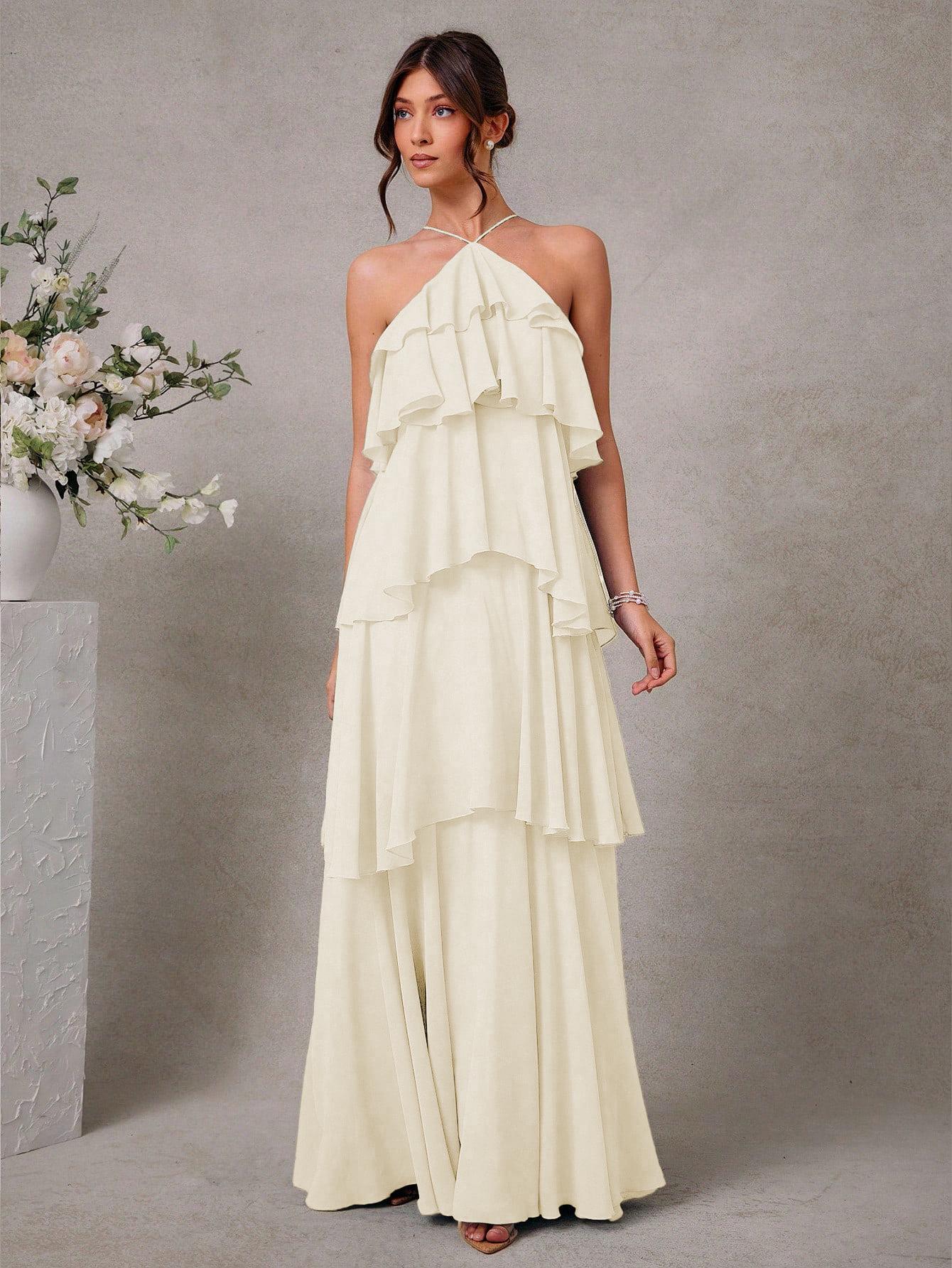 Elegant European & American Pleated Halterneck Backless Dress with Irregular Lace Draped Long Skirt Large абрикосовый