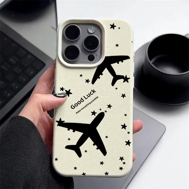 Airplane Pattern TPU Leather Texture Case For iPhone 16 Pro Max 15 Pro 14 13 12 11 Soft Matte Shockproof Lens Protection Slim Phone Cover