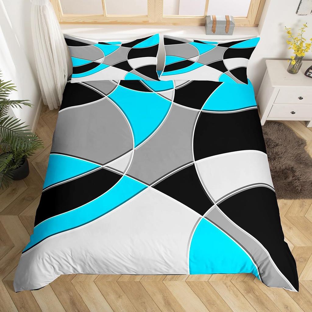 Round Geometric Bedding Set Green Gray Black Abstract Art Bedspread Comfortable Three-Piece Set