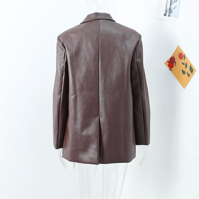 Vintage kožená dámská bunda s rozepínací límec jednořadové bundy Jednobarevné Móda Ženy Kabát Podzim Nové Dámské Kabáty