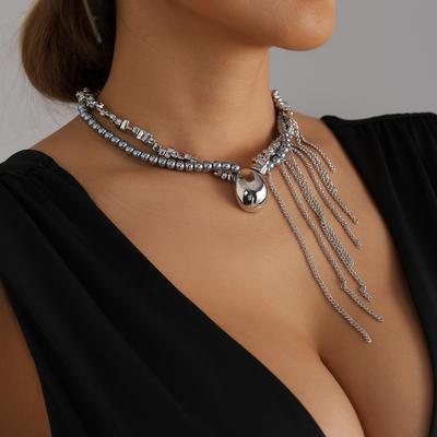 Heavy Industry Metal Bead Chain Fringed Necklace, Wearing a Frigid Style Necklace In Multiple Layers