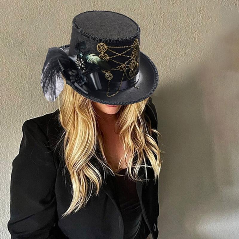 Gear Chain Fedoras Hat Halloween Girl Head Wear Medieval Steampunk Flat Top Hat