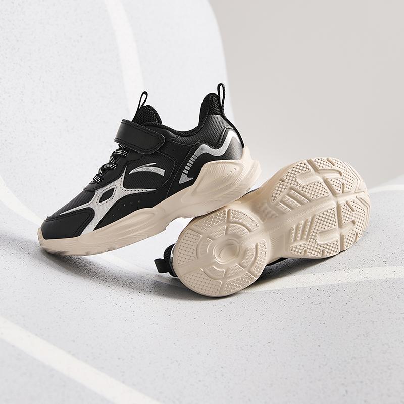 Anta Kids Synthetic Leather Fabric Trendy Versatile Lightweight Shock Absorbing Low Top Running Shoes Kids sneaker Black Silver A12449977N-2