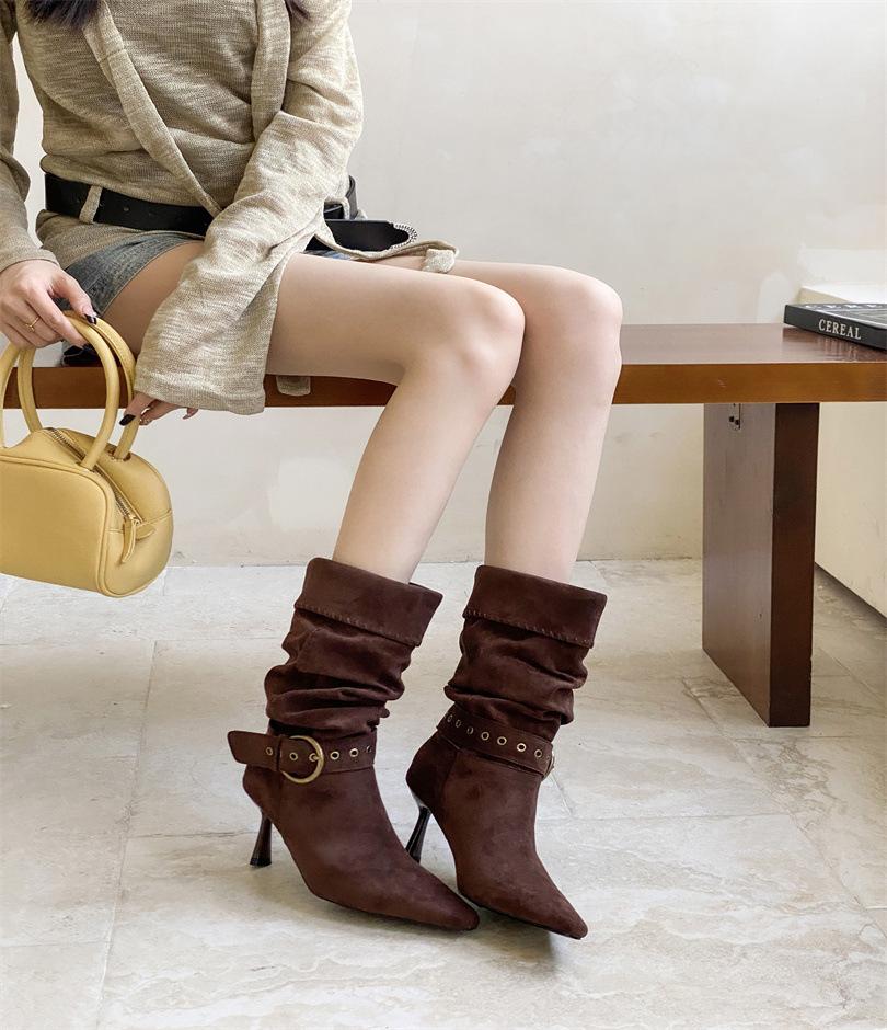 

~ Узкий нишевый дизайн, пряжка ремня, ретро, острый носок, толстый каблук, подчеркивающий стройность ног, темпераментный, универсальные модные ботинки 40 коричневый