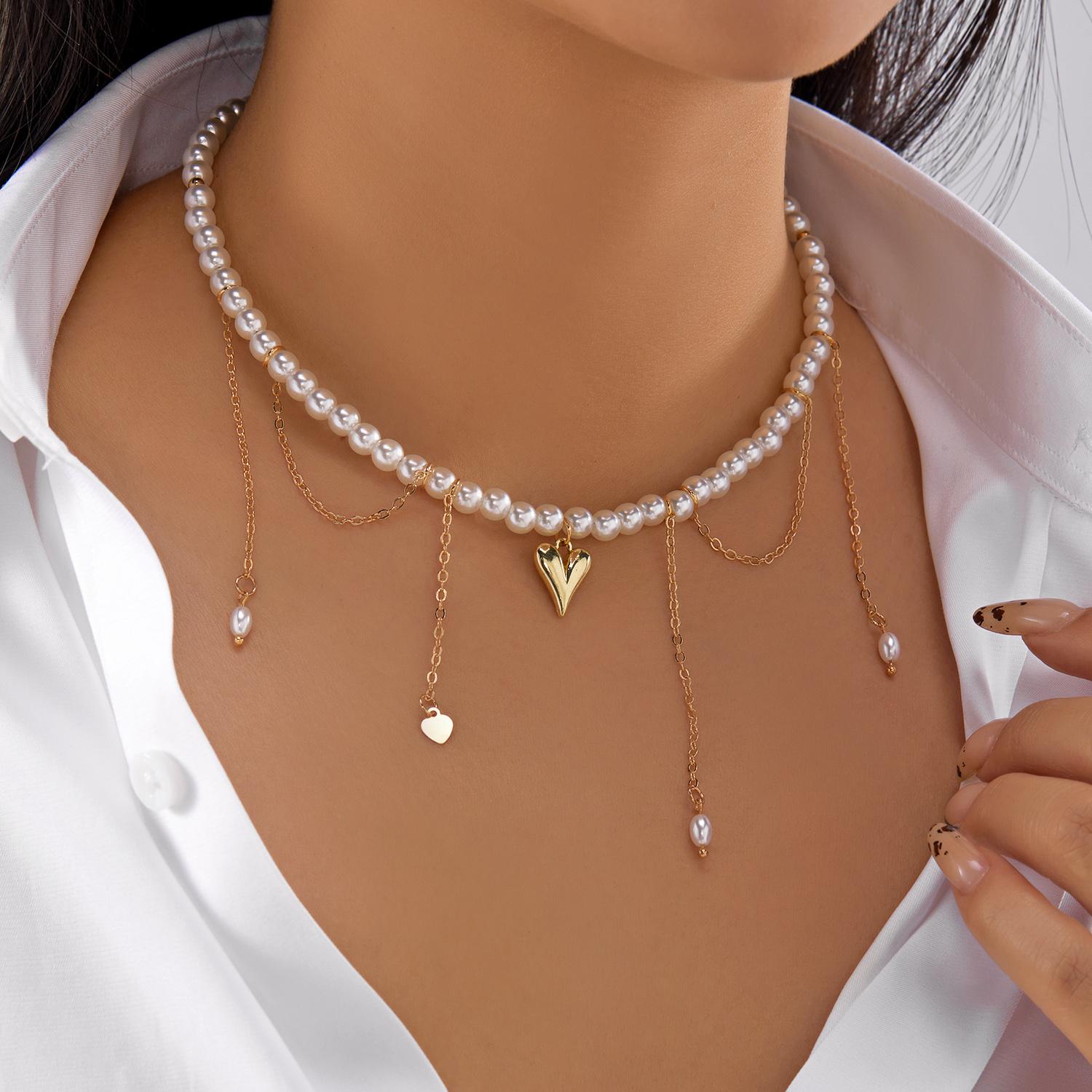 

New Elegant Imitation Pearl Beads Necklace for Women Vintage Multilayer Heart Tassels Choker Fashion Jewelry Accessories Gift