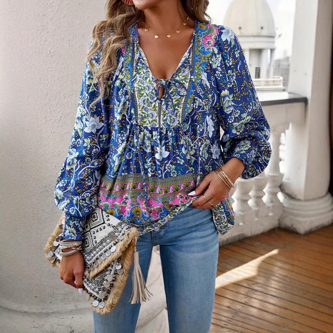 Floral Print Long Sleeve Shirt with Decorative Trim in Light Green S