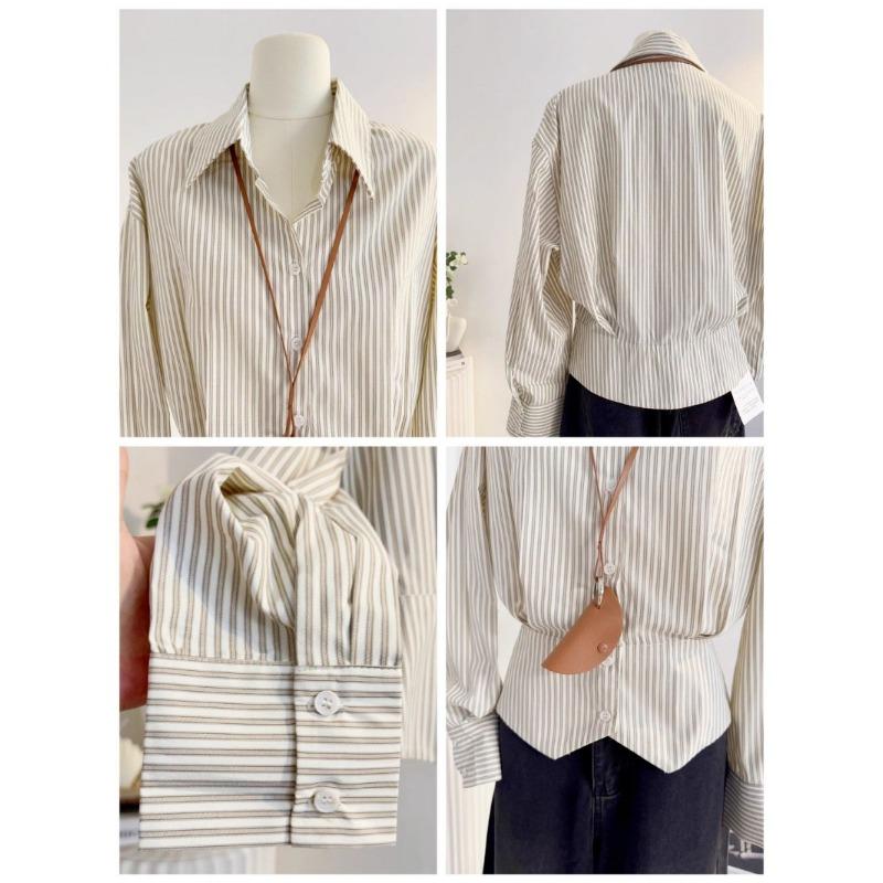 Trendy Cropped Striped Blouse Puff Sleeve Oversized Collar Shirt Daily Fashion Wear For Women