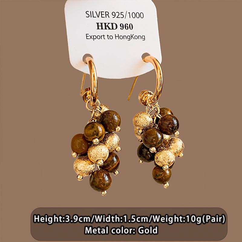 

2026 Design Inspired Natural Tiger Eye Stone Metal Beads Grape Skewer Shaped Pendant Hanging Earrings Trendy Jewelry For Women