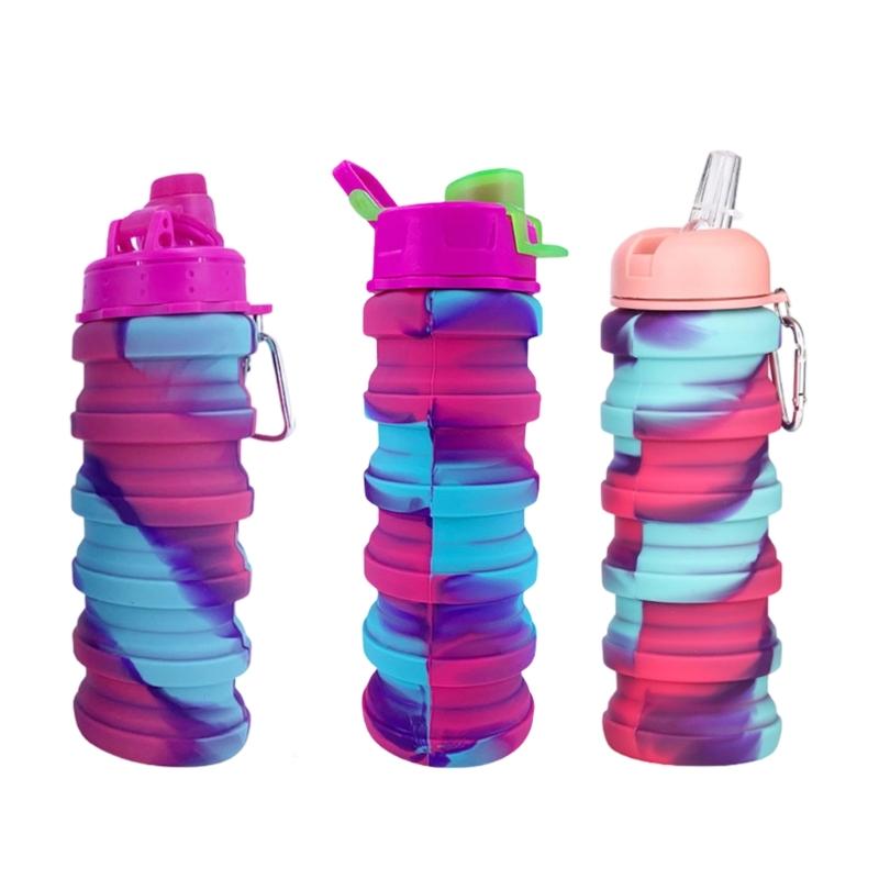 Folding Reusable Sports Water Bottles Leakproof Silicones With Carabiner for Outdoor Activity Water