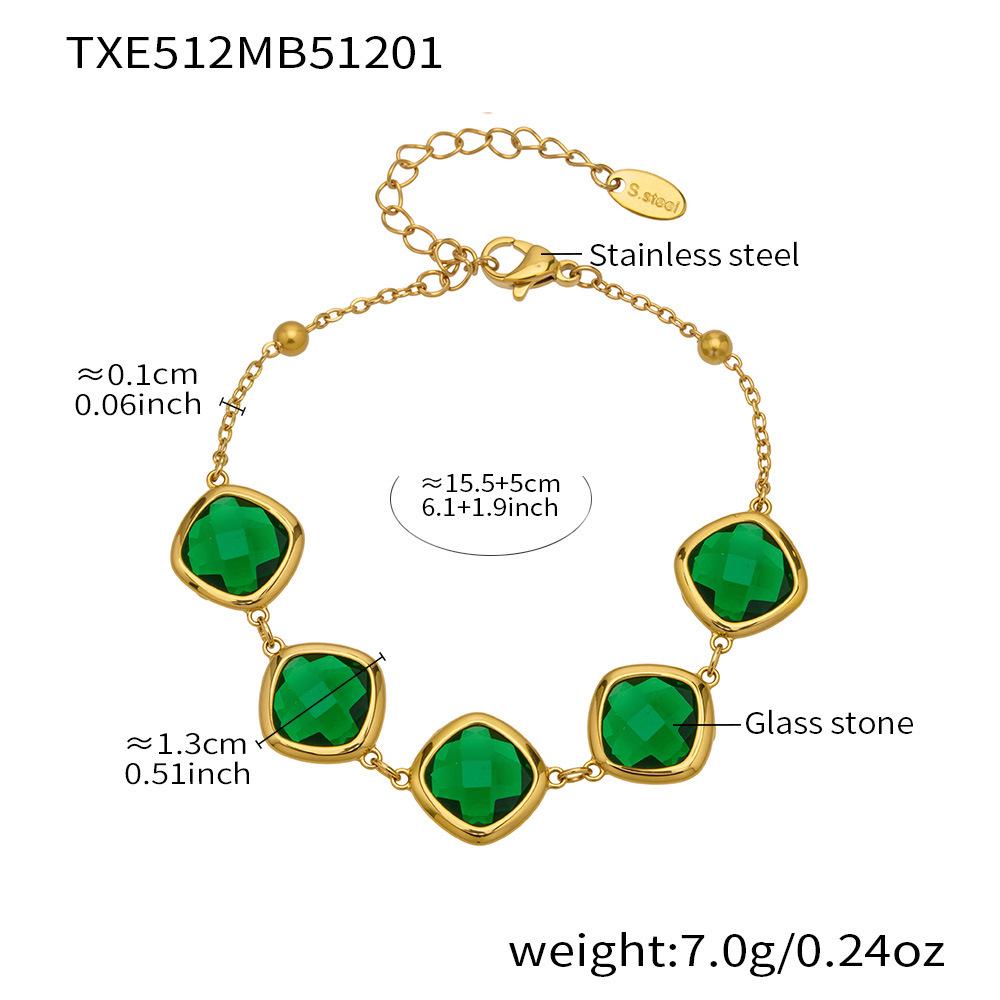 Stylish European & American Stainless Steel Jewelry Set with Square Faceted Glass Stones: Includes Bracelet, Necklace, and Earrings