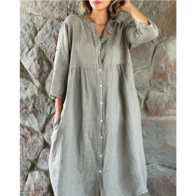 Women's Solid Color Linen Cotton Stand Collar 3/4 Sleeve Single Breasted Loose Casual Midi Long Dress