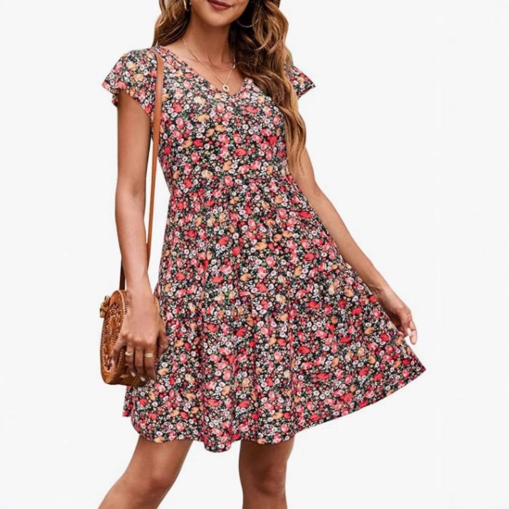 GMXIA Women's Tops Summer Casual V-Neck Pleated Dresses