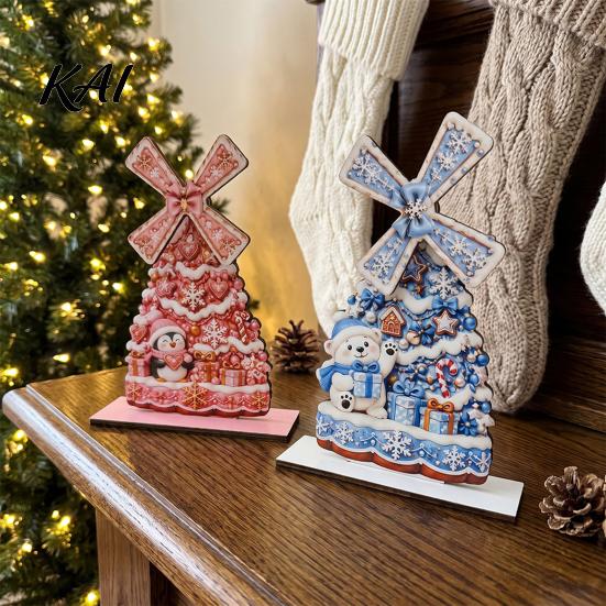 Holiday Seasonal Room Decor Christmas Windmill Wooden Ornament, Decorative Craft with Rotating Ornament Blades, Handmade Figurine for Home Tabletop