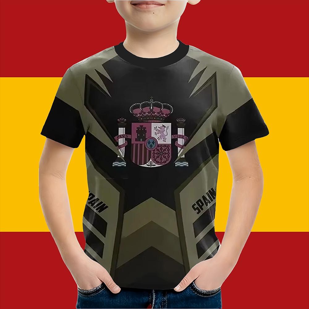 Boys Clothes Spanish Flag Graphic T-Shirt Vintage Casual Short Sleeved Kids Clothes 2-14Y Summer Outdoor Spanish Child Top Tee