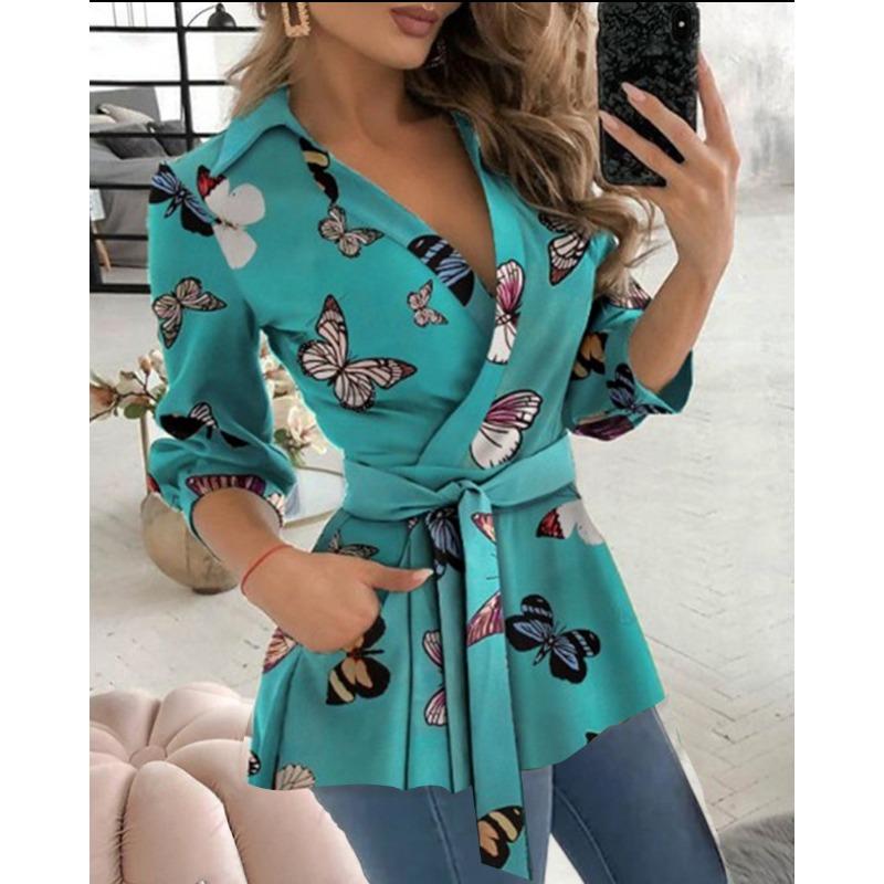 VEZFAA Damenmode, lässig, Frühling und Herbst, langärmelig, Blusen und Hemden mit Polokragen