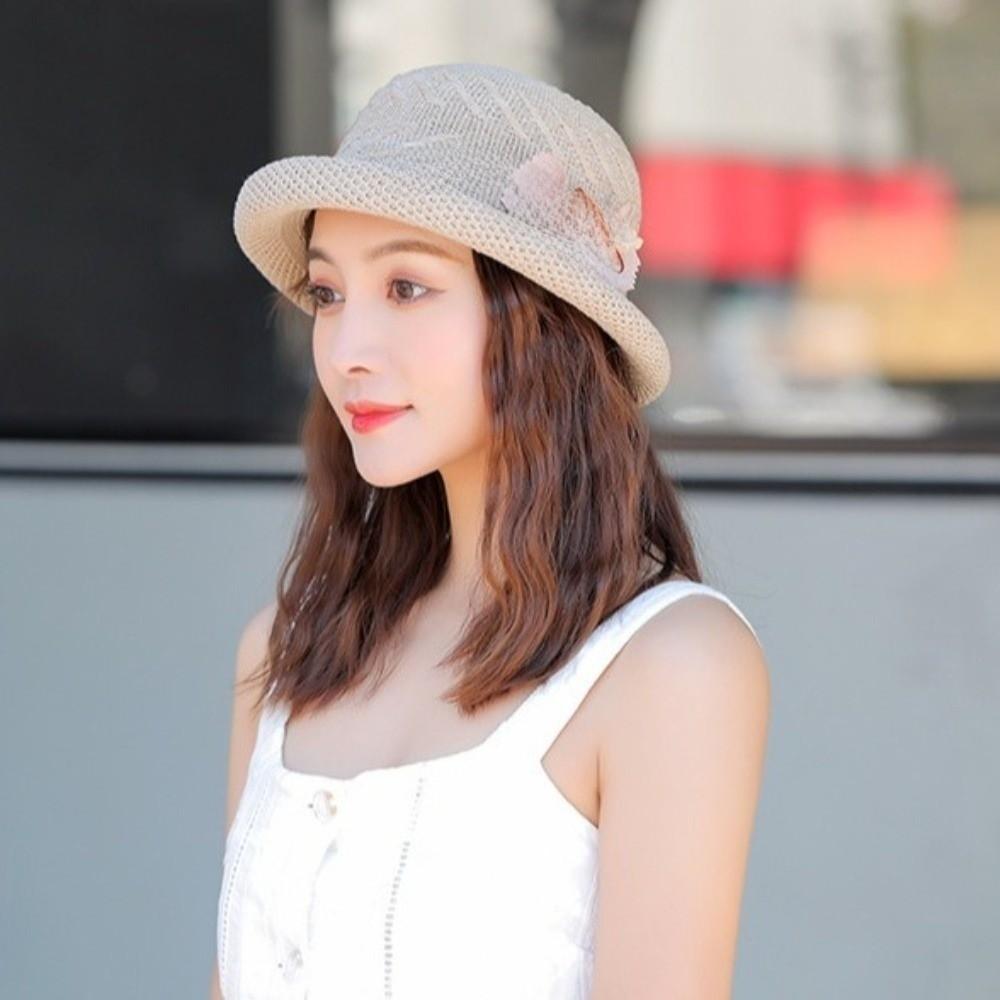 Rolled Brim Sunscreen Bucket Cap Solid Color Women Sun Cap Versatile Flower Fisherman Hat  Camping