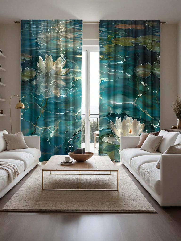 2pcs Water Lotus Print Sheer Curtains - Modern Design   Polyester Knit Fabric   Machine Washable - Suitable For Bedroom   Office